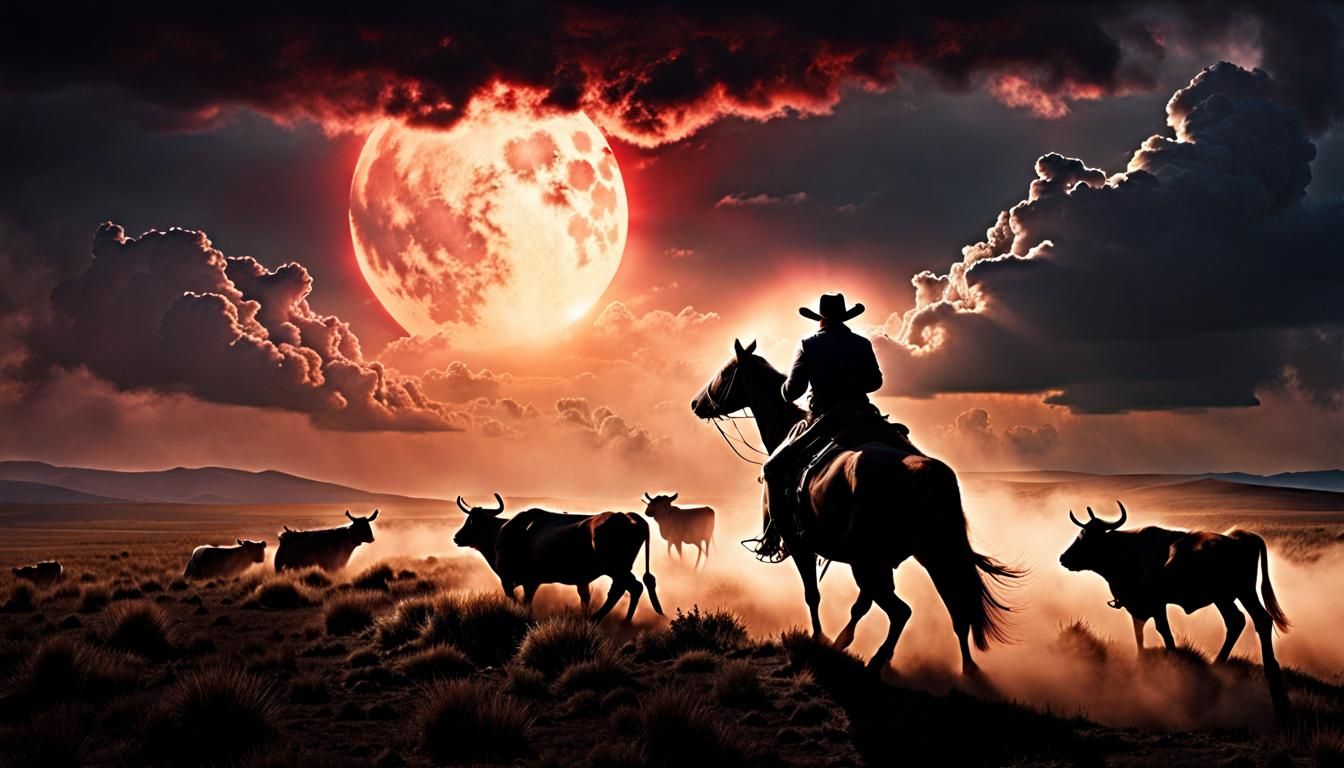 Cowboy Watches Ghost Cattle Run in the Sky