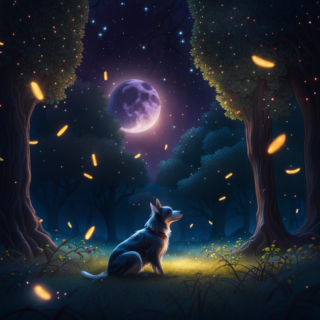 Sparkling Night Sky, Fireflies, and Little Dog