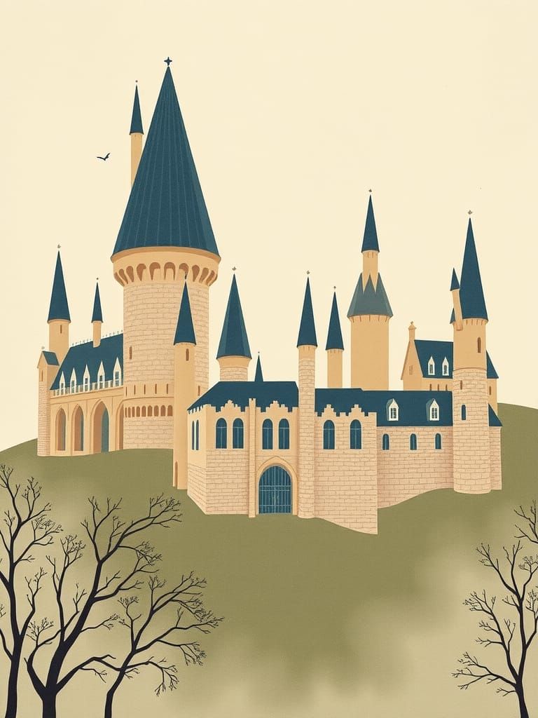 Minimalist Hogwarts Illustration in Magical Realism Style