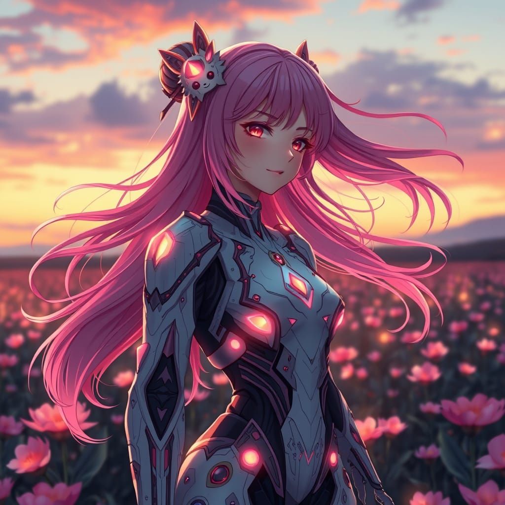Cyborg with Pink Hair in Anime Style
