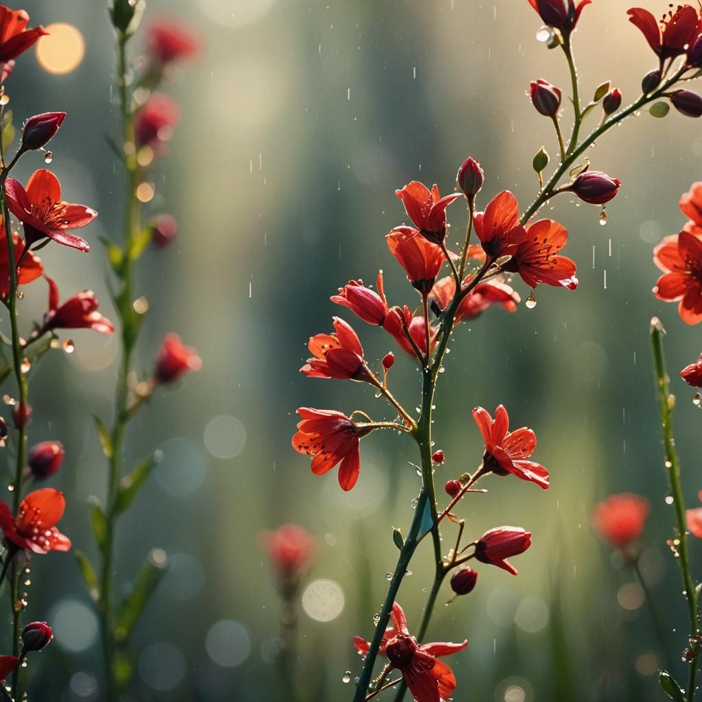 Glowing Red Flowers in Morning Dew, Macro Photography