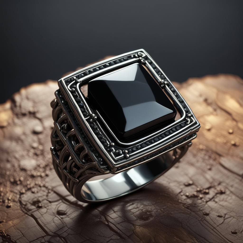 Square Black Onyx Ring in 3D Cinematic Style
