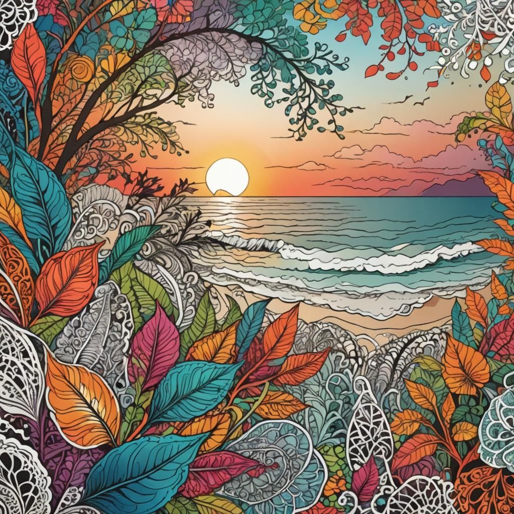 Vibrant Zentangle Sunset Beach Vector Art
