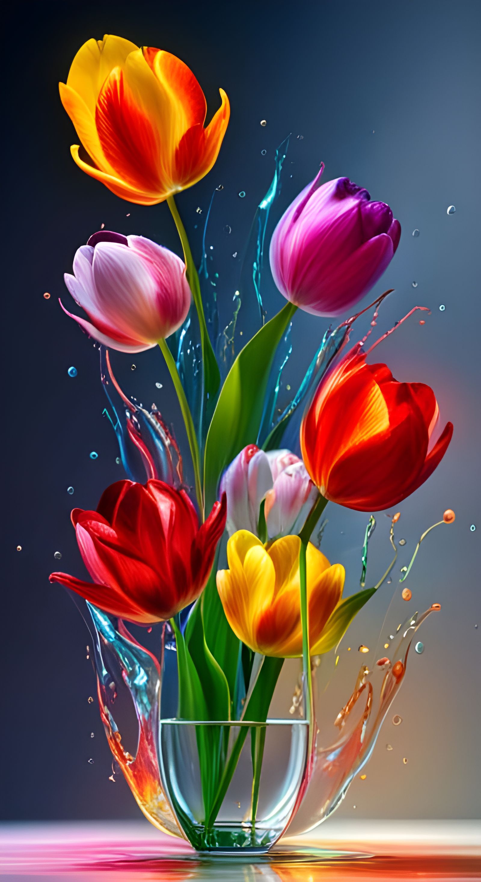 Hyperrealistic Glass Tulip in Colorful Splash Art