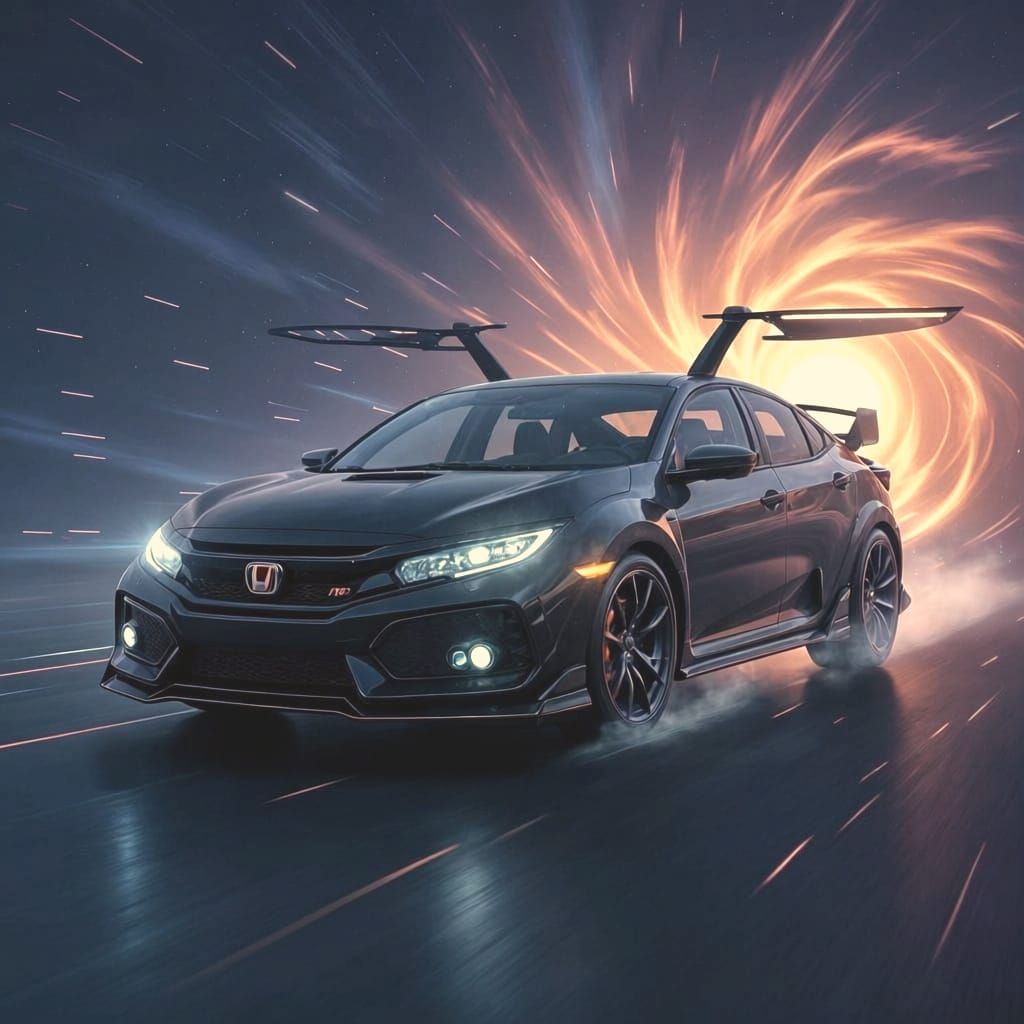 Futuristic Civic Type R Spaceship in Cosmic Vortex