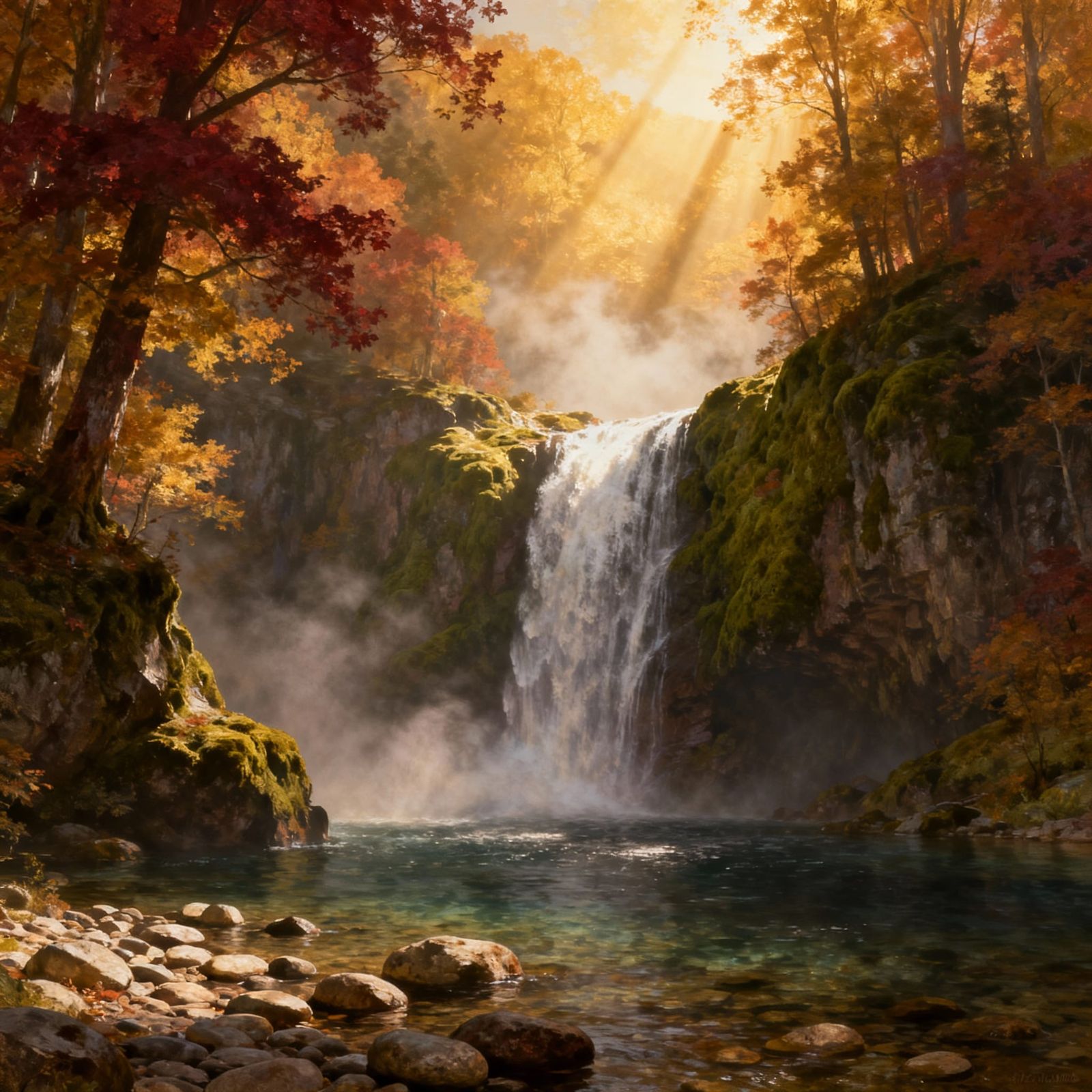 Majestic Autumn Waterfall in Golden Sunlight