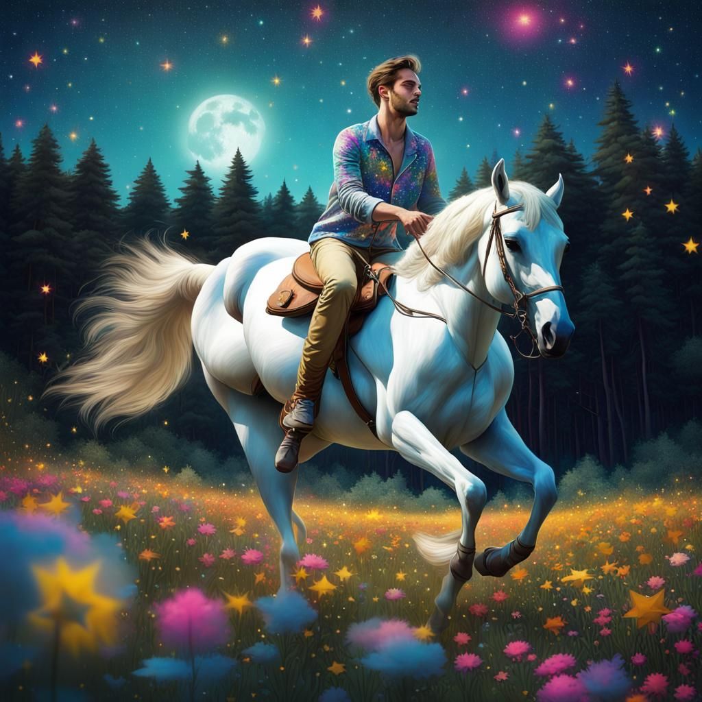 Man on White Horse in Blooming Meadow at Night