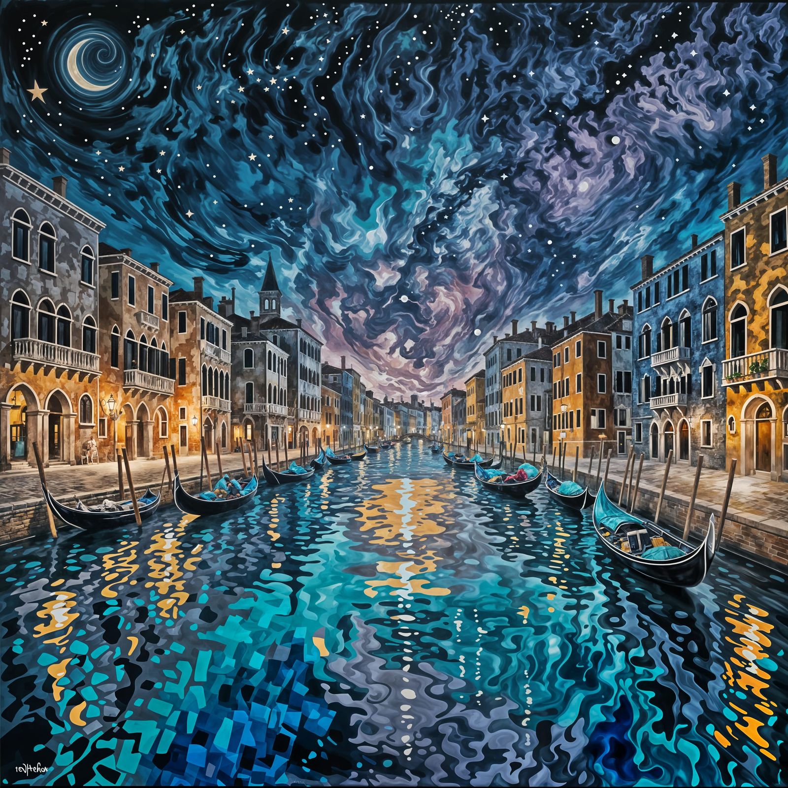 Venice Night Scene with Swirling Celestial Sky