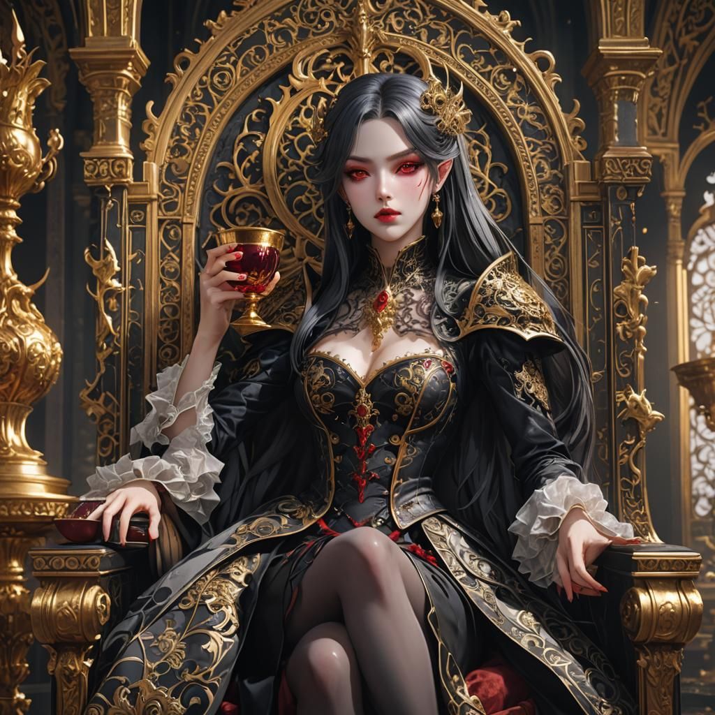 Anime Vampire Queen on Throne in Dark Fantasy Style