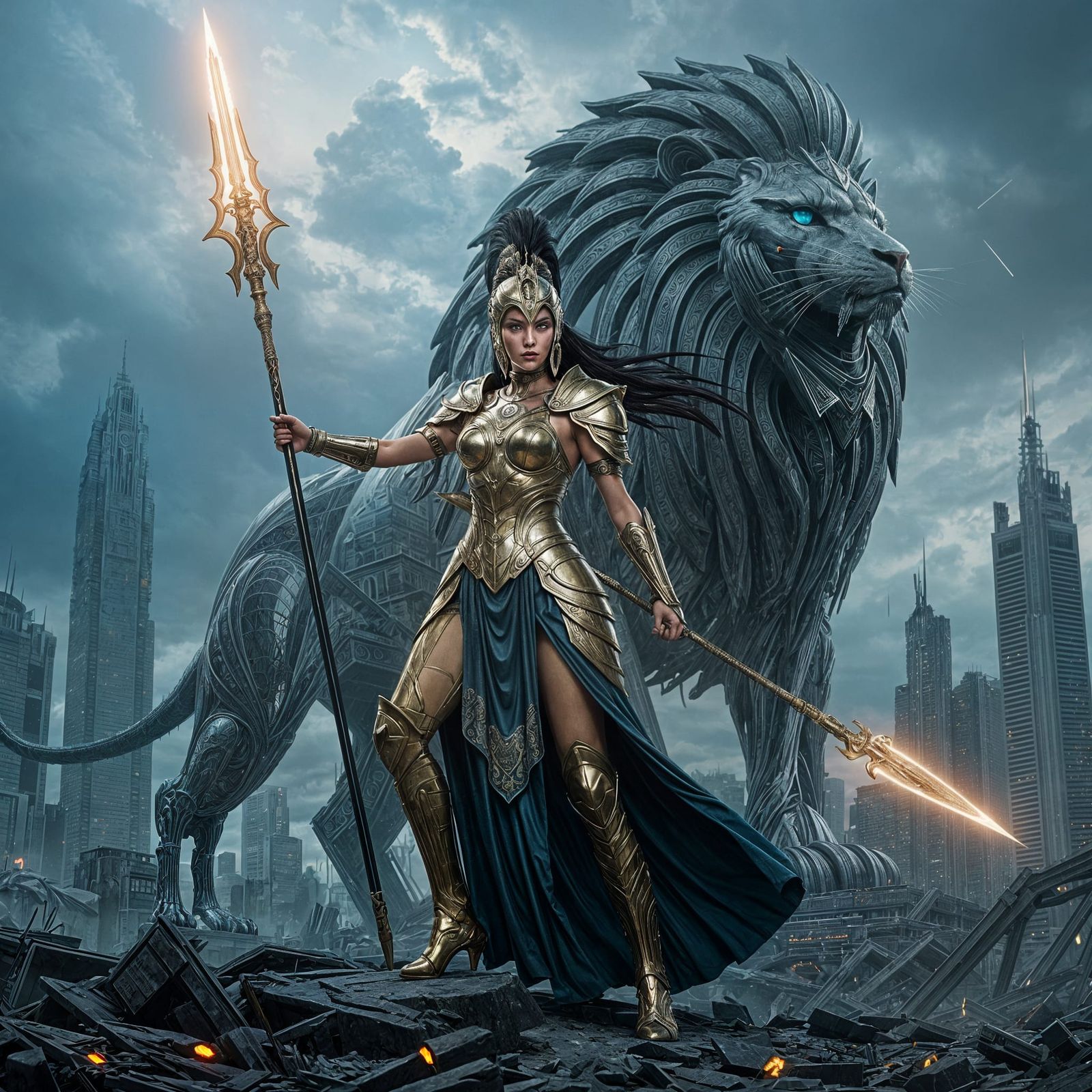 Cyberpunk Goddess and Metallic Lion in Dystopia