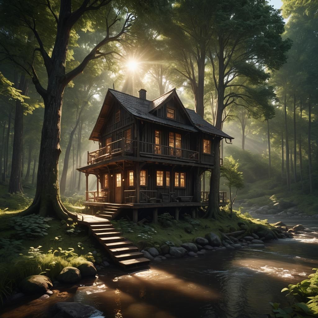 Magical Forest House on a Sunny Morning