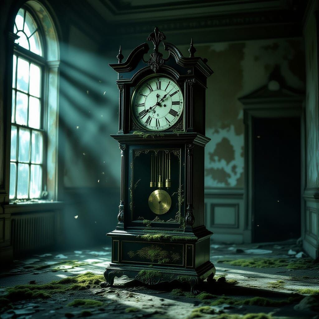Melancholy Grandfather Clock in Decaying Ballroom