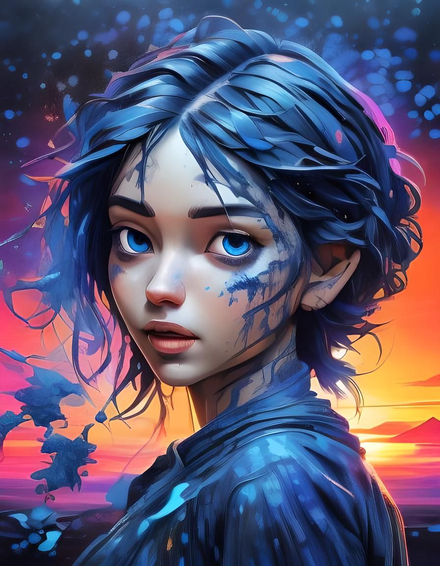 Indigo Splash Art Portrait in High Contrast