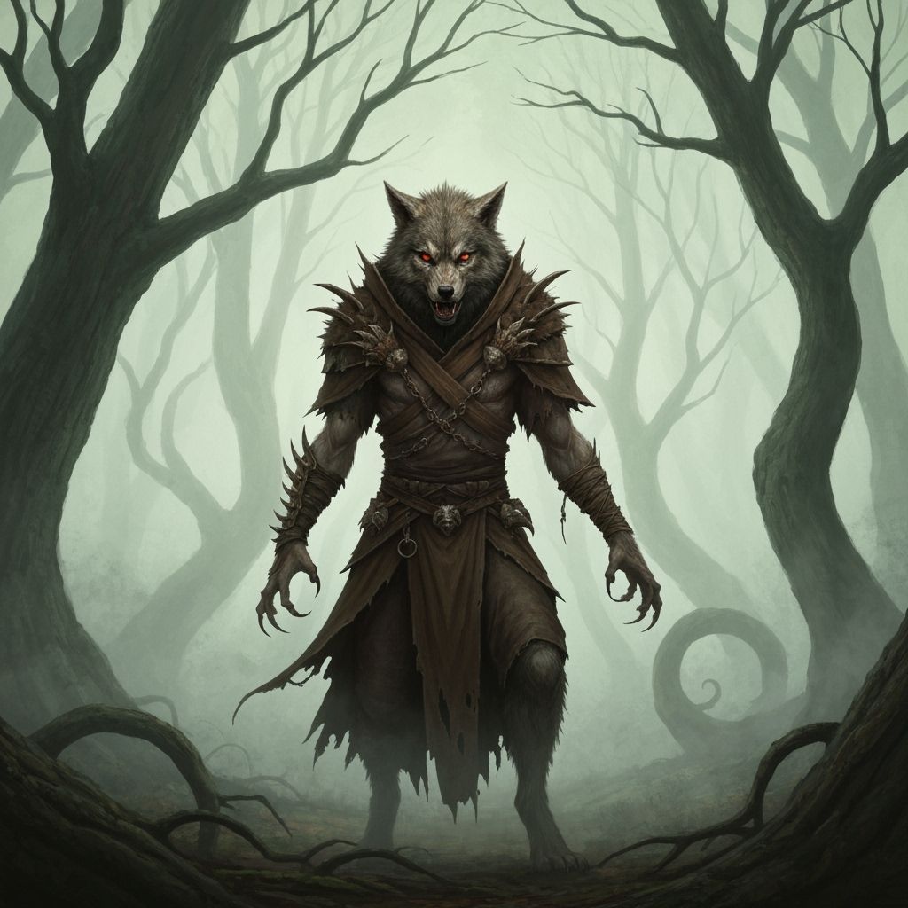 Wildhunt Shifter Druid in Misty Forest, Digital Art