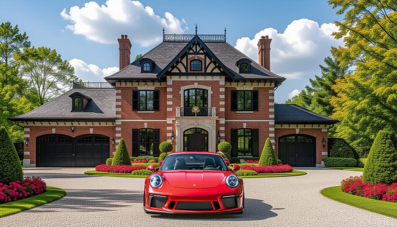 Victorian Chateau with Red Porsche 911