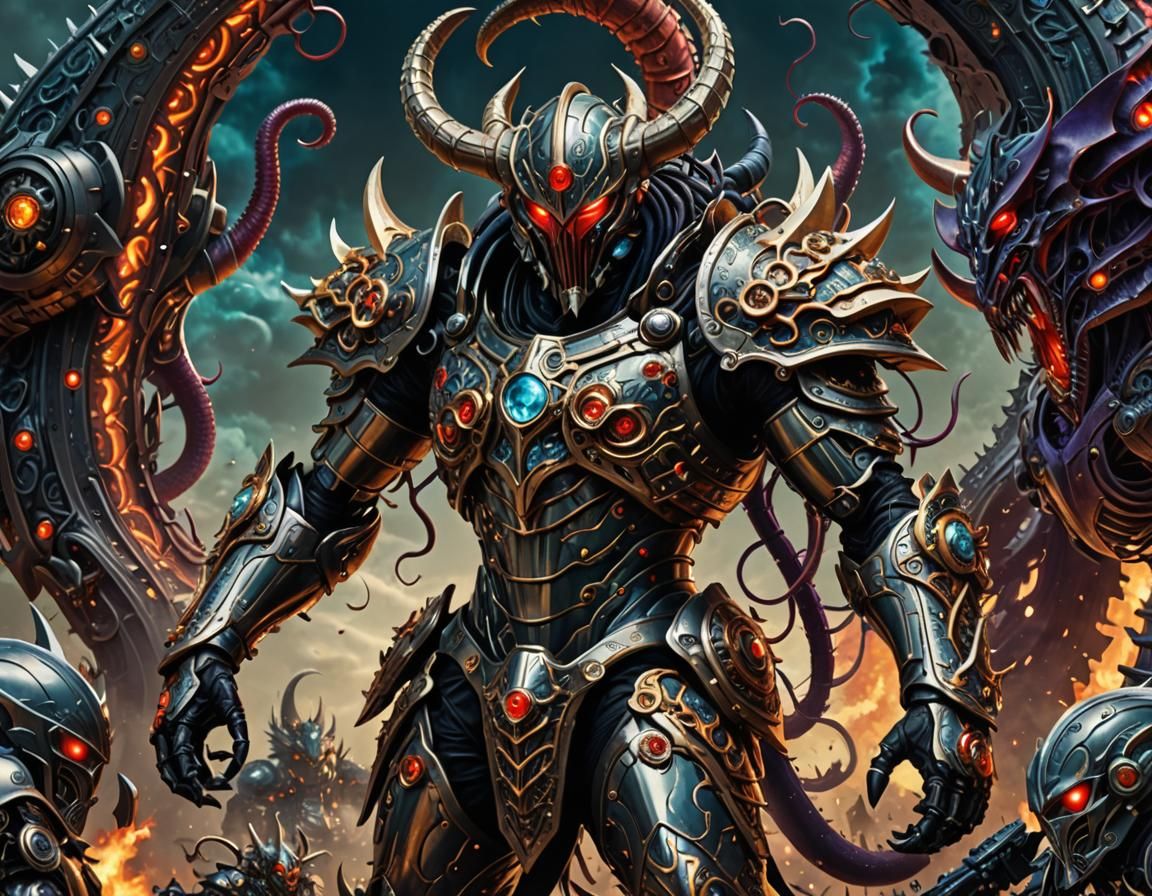 Retrofuturistic Knight's Battle Against a Tentacle Demon