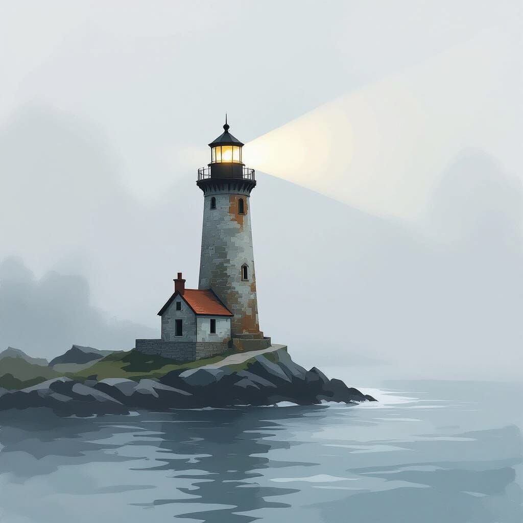 Lighthouse in Fog, Impressionist Watercolor Painting