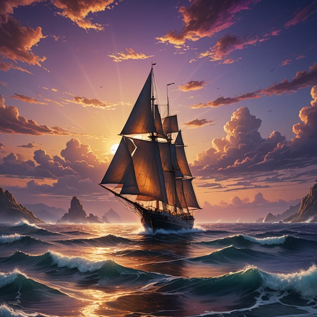 Sailboat Silhouetted Against a Sunset Horizon