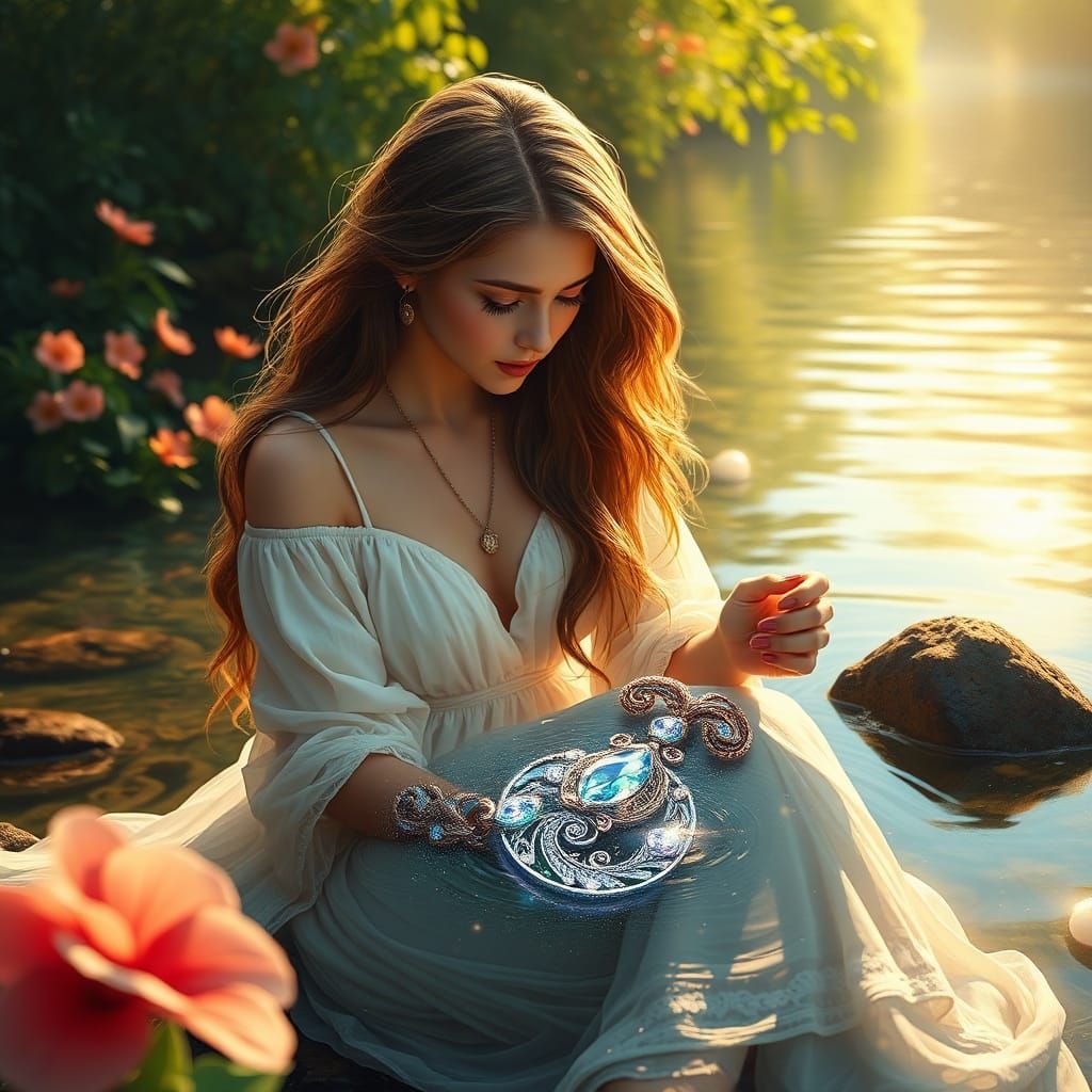 Enchanted Riverbank: Woman Finds Magical Necklace
