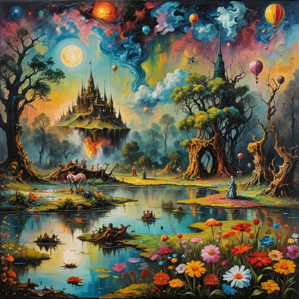 Cosmic Circus Flowery Swamp: Impasto Oil Painting