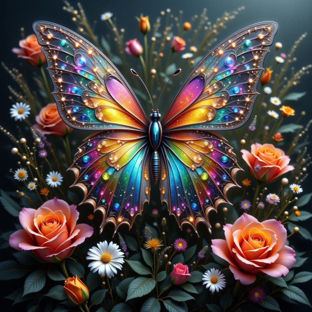 Vivid Rainbow Butterfly Soars Over Floral Fields in 3D Style
