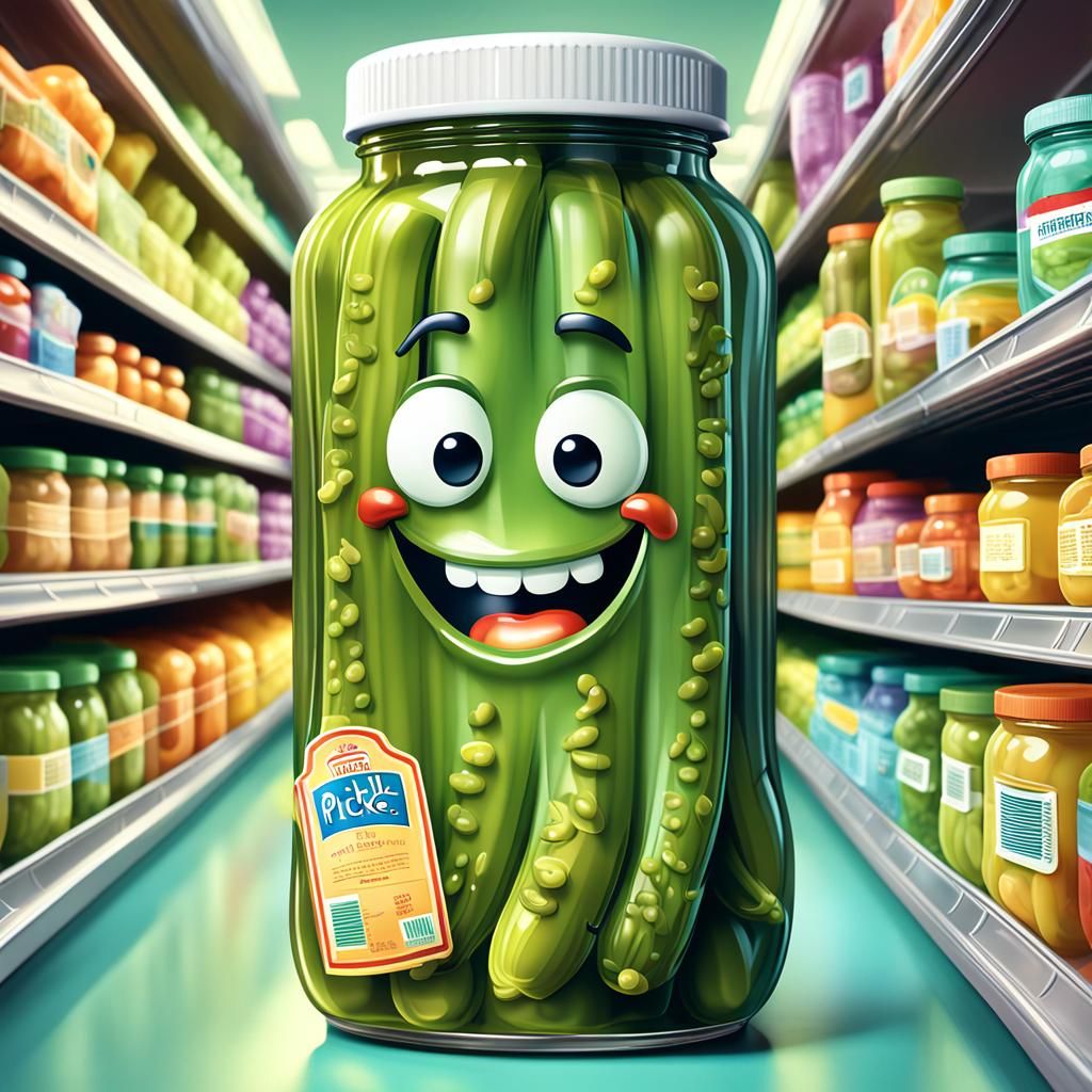 Smiling Pickle Bottle on Grocery Shelf in 3D Render