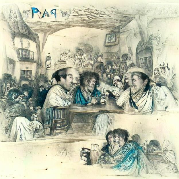 Lively Tavern Scene in Pencil Sketch Style