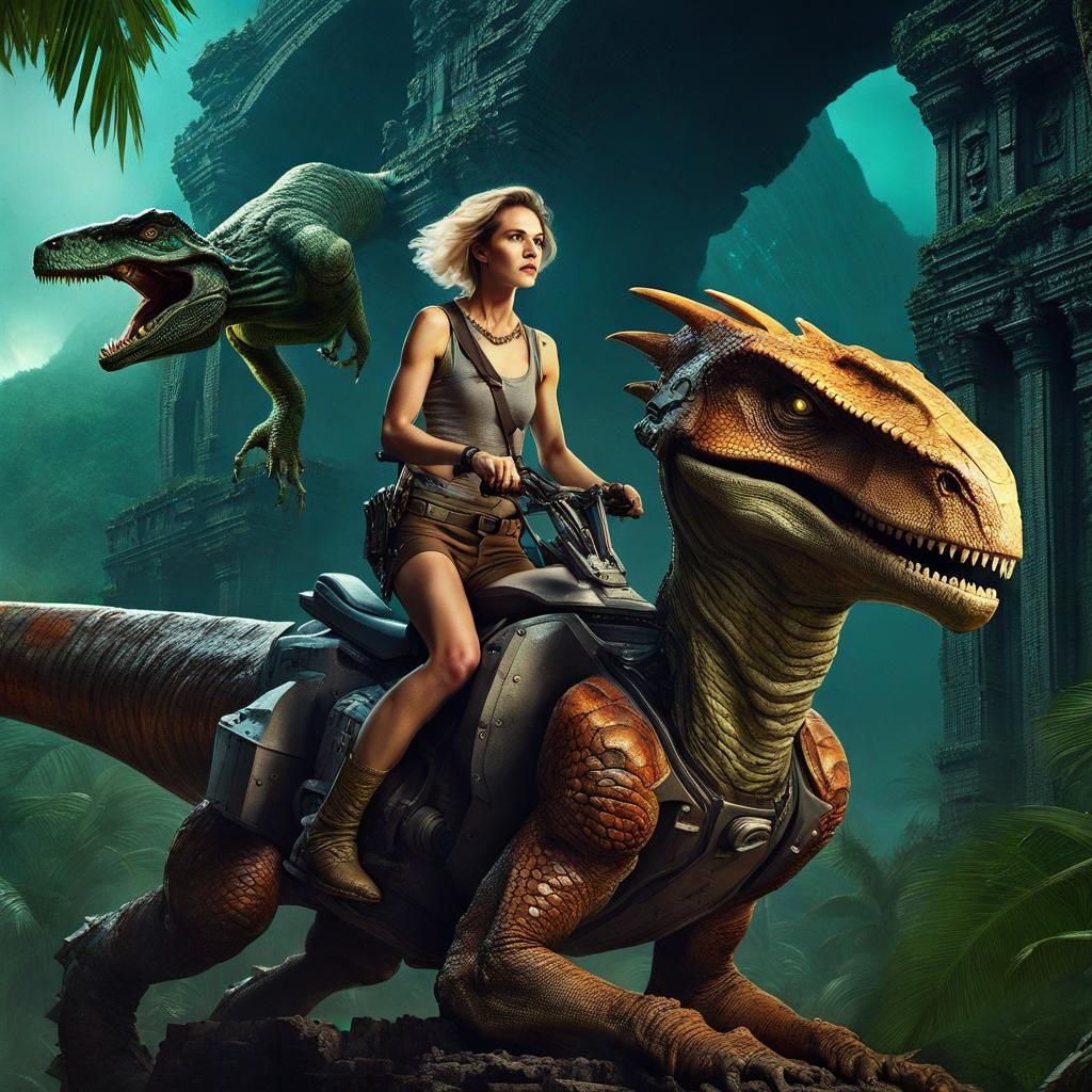 Fantasy Archeologist Rides Mechanical Dinosaur Through Jungl...