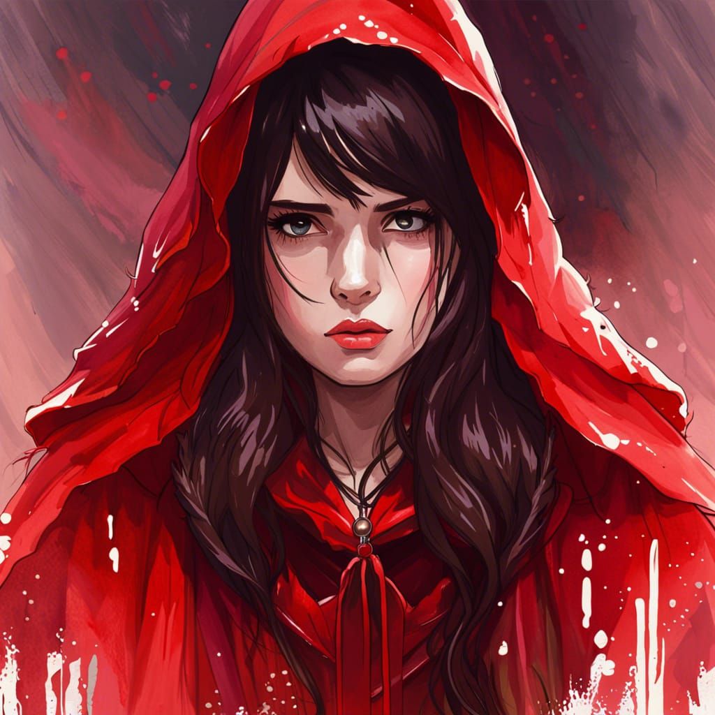 Brunette Girl in Red Cloak: Emo Watercolor Illustration