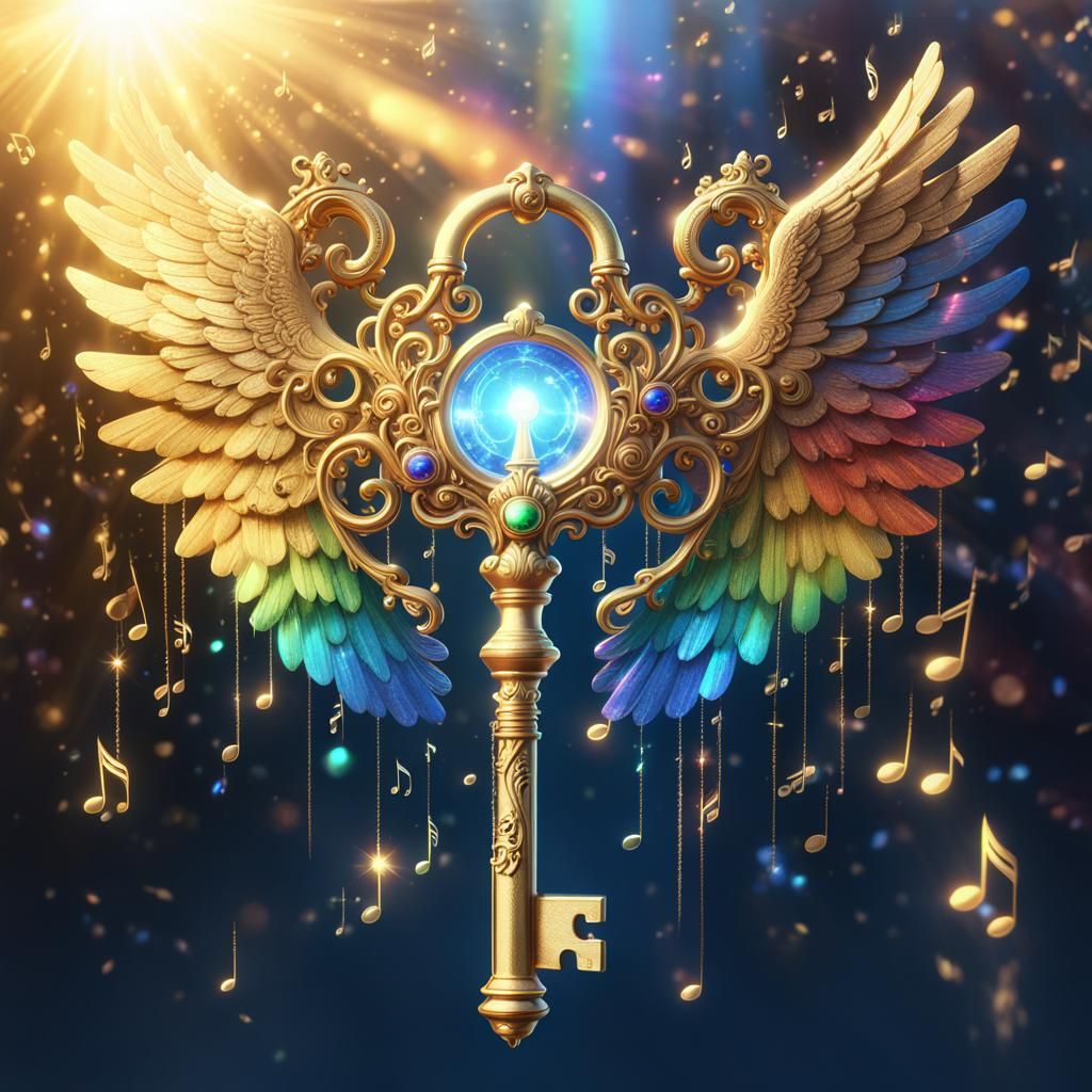 Ornate Golden Key with Rainbow Angel Wings