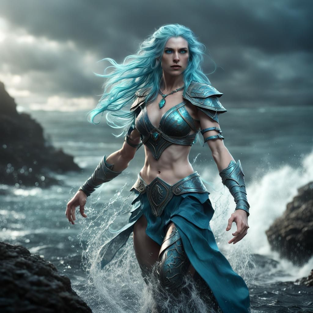 Water Genasi Druid Bends Water on Stormy Shore
