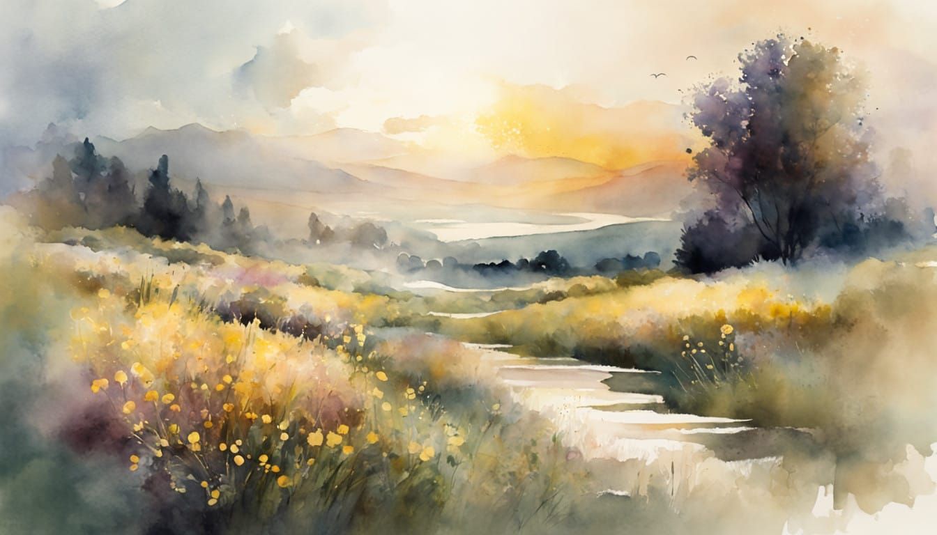 Gothic Summer Meadow Watercolor Scene in Soft Pastel Hues