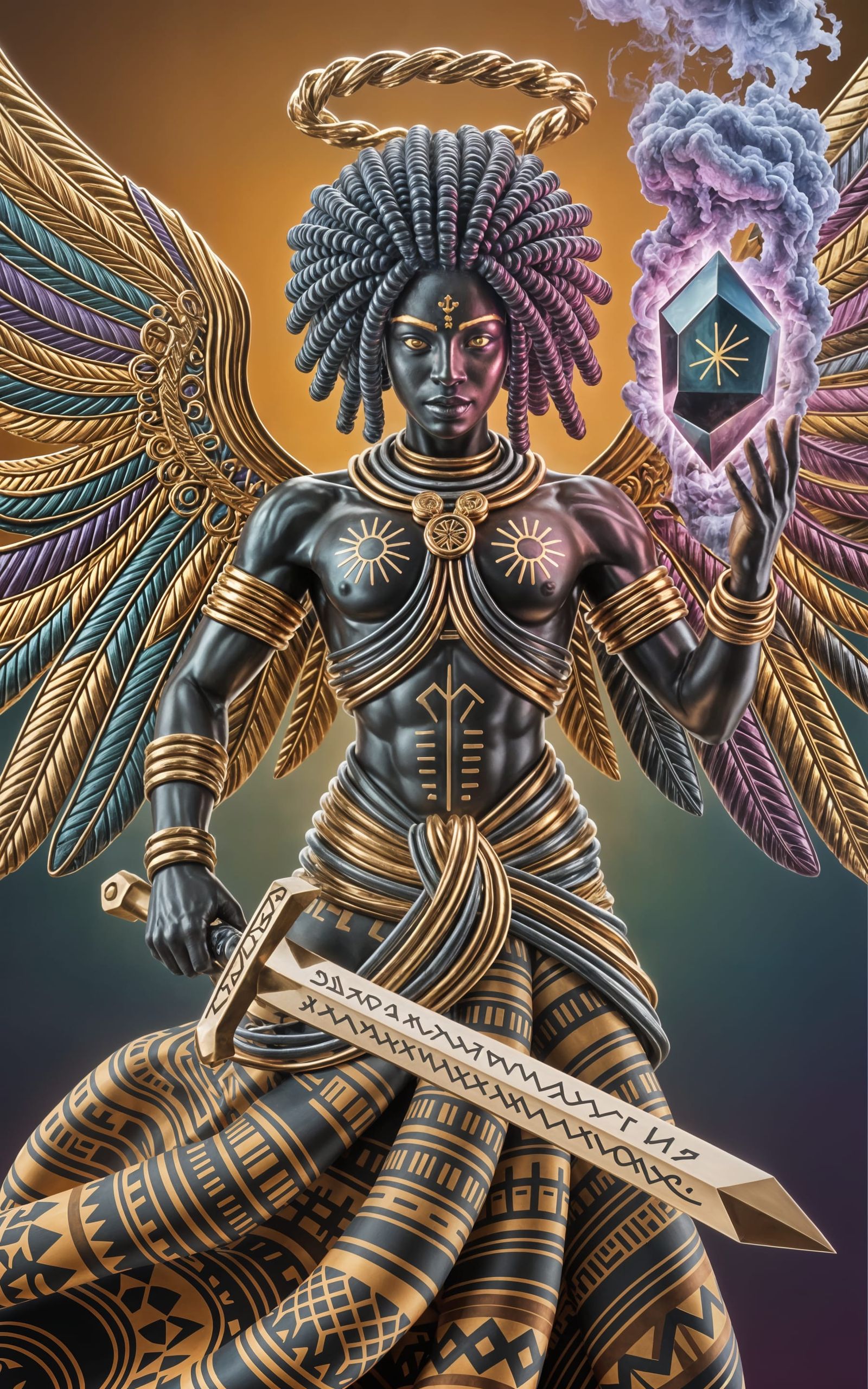 An Afrocentric celestial warrior angel sculpted from twisted...