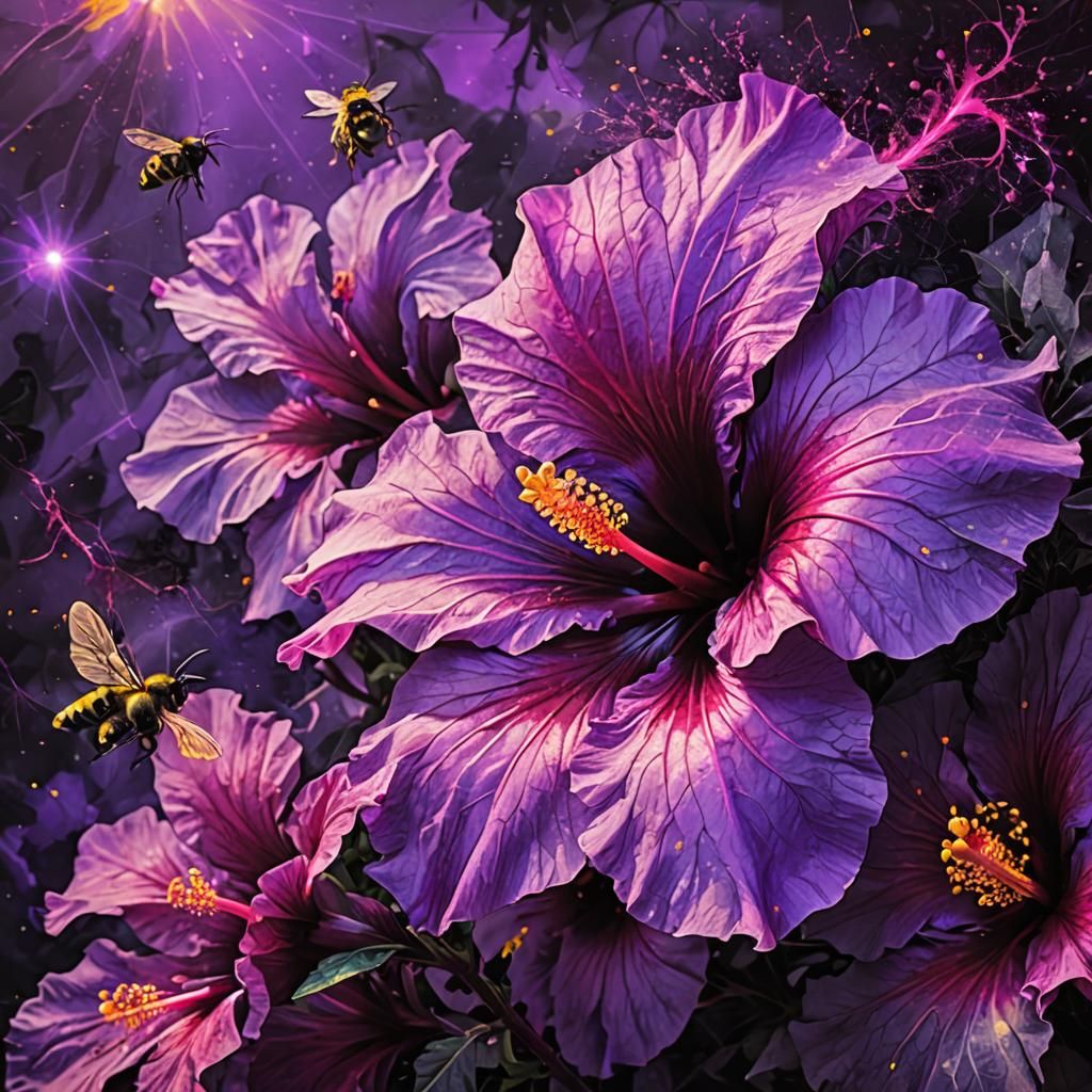 Purple Hibiscus Flower with Bumble Bee Fantasy Illustration