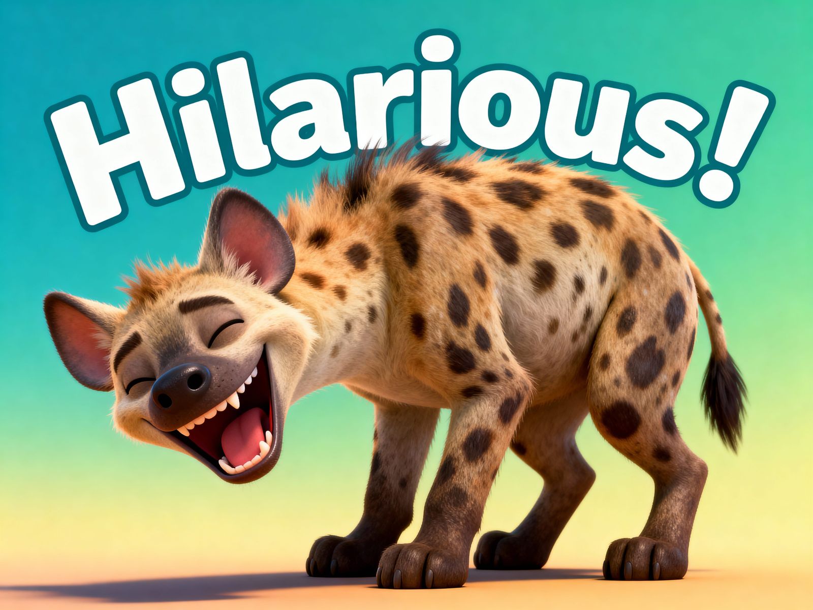 Whimsical poster. Adorable hyena hunched over laughing hyste...