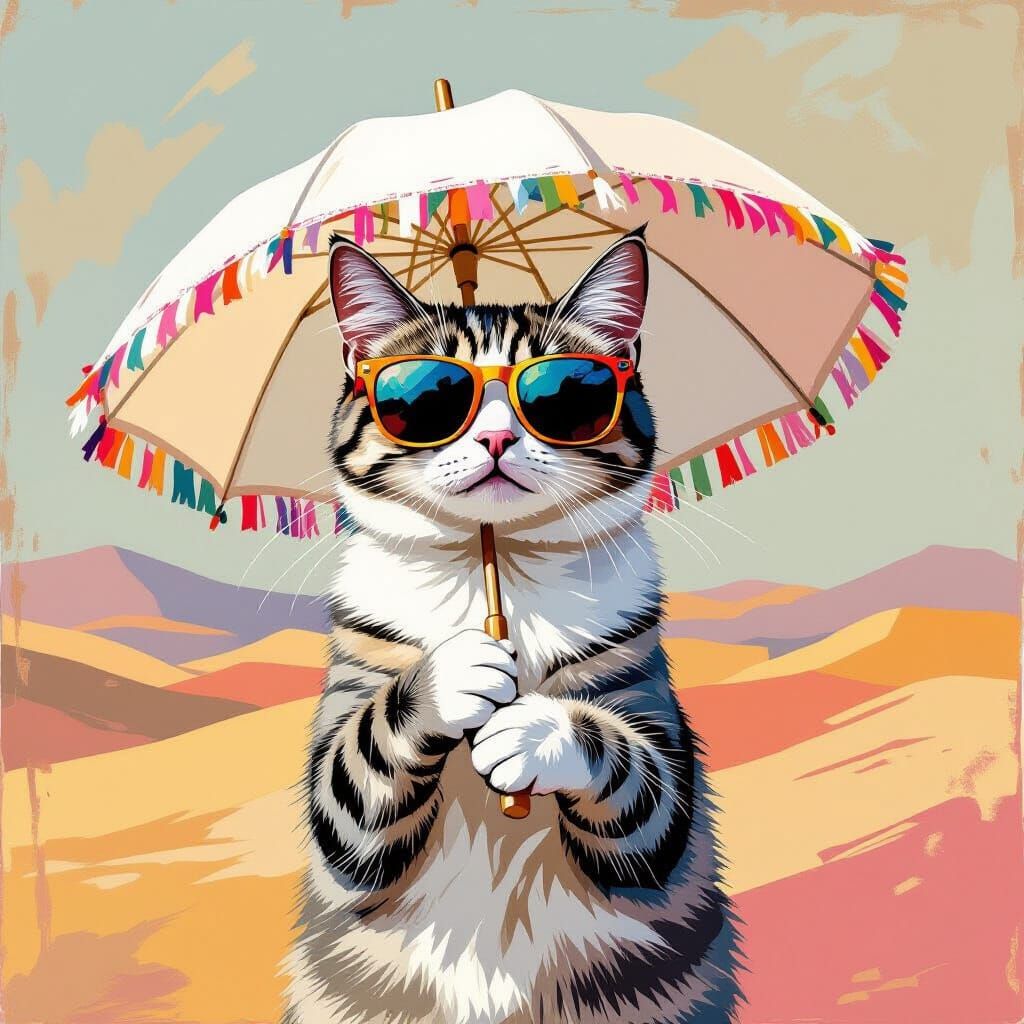 Silver Cat in Desert Landscape, Expressionist Style