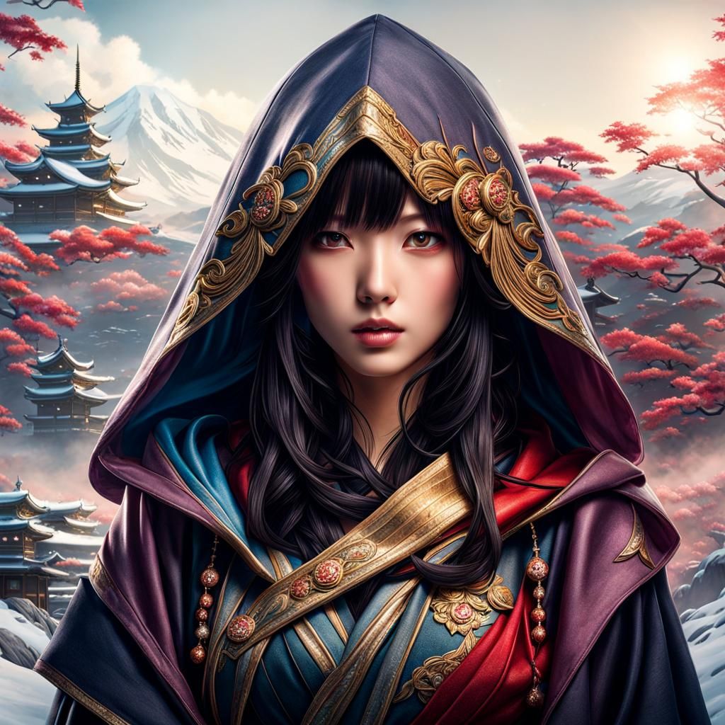 Japanese Hooded Woman Portrait in Cinematic Style