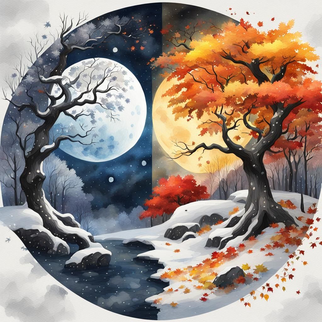 Surreal Autumn Cosmology with Moonlit Winter Night