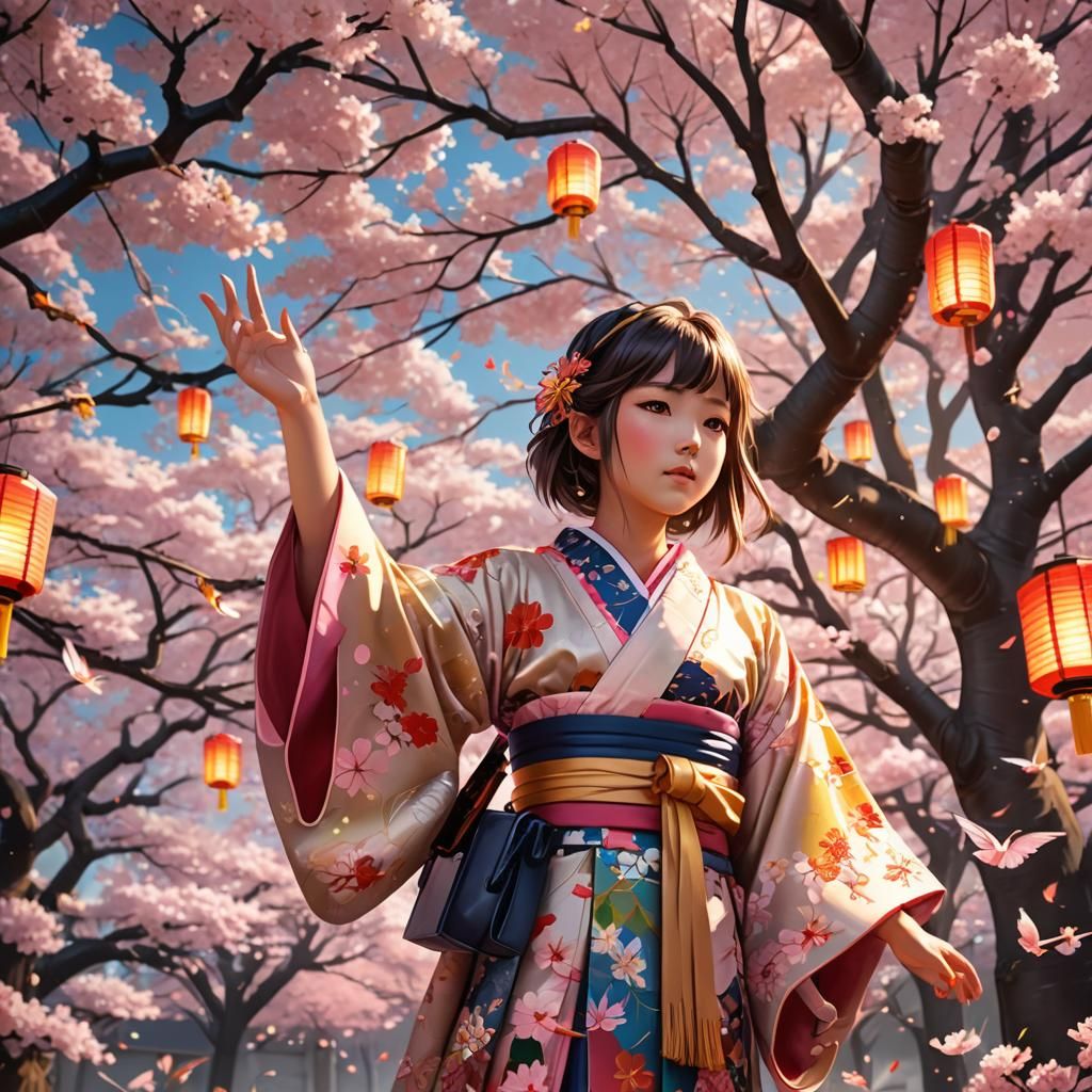 Anime Schoolgirl Under Cherry Blossom Tree in Digital Art