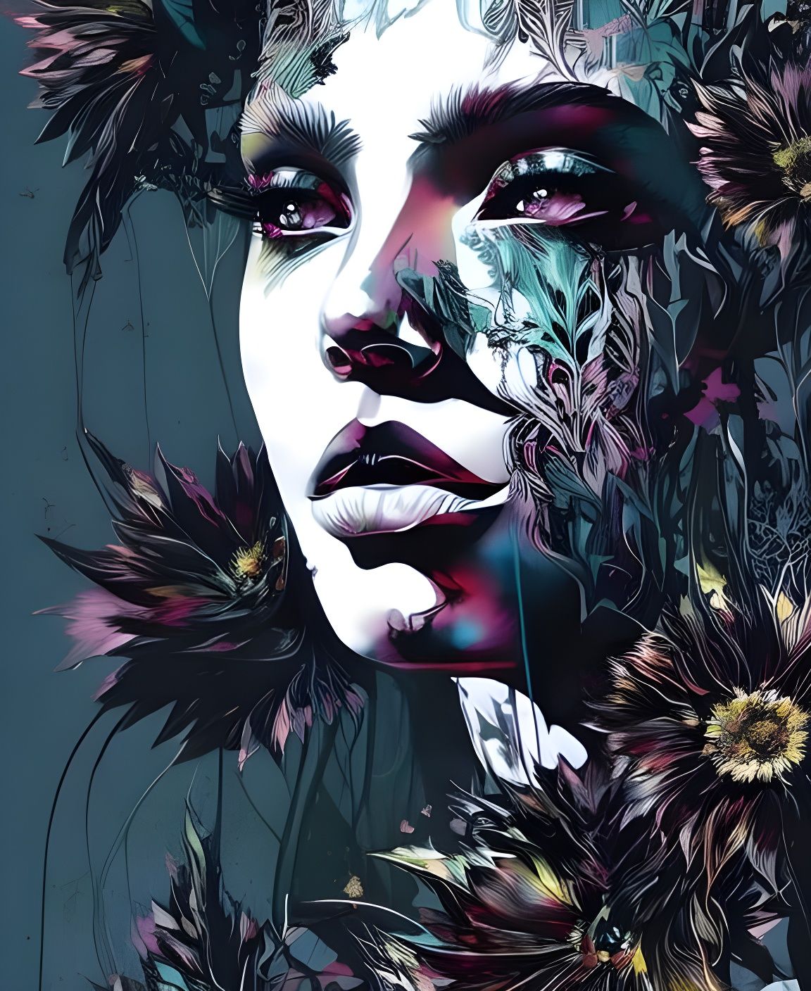 Expressive Portrait with Black Sunflowers and Aura