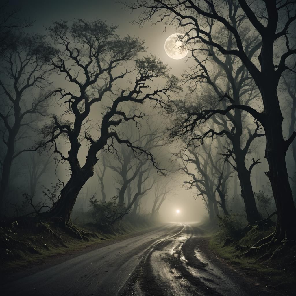 Eerie Moonlit Road Through Misty Dark Forest