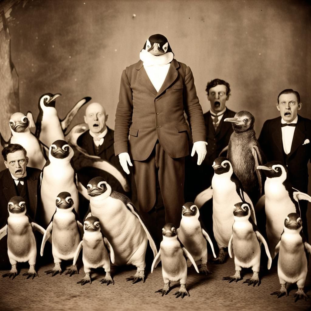 Sepia Photograph of Undead Monster and Penguin