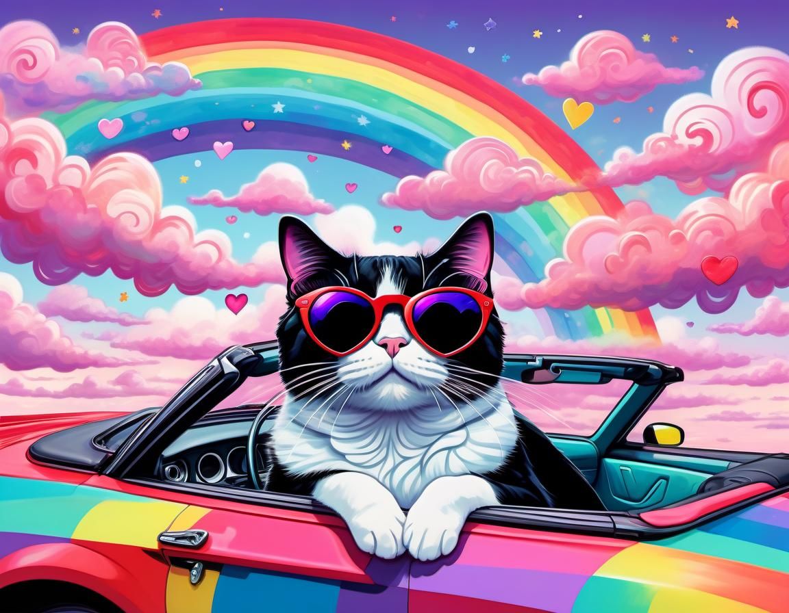 Tuxedo Cat Drives Mustang on Rainbow Road