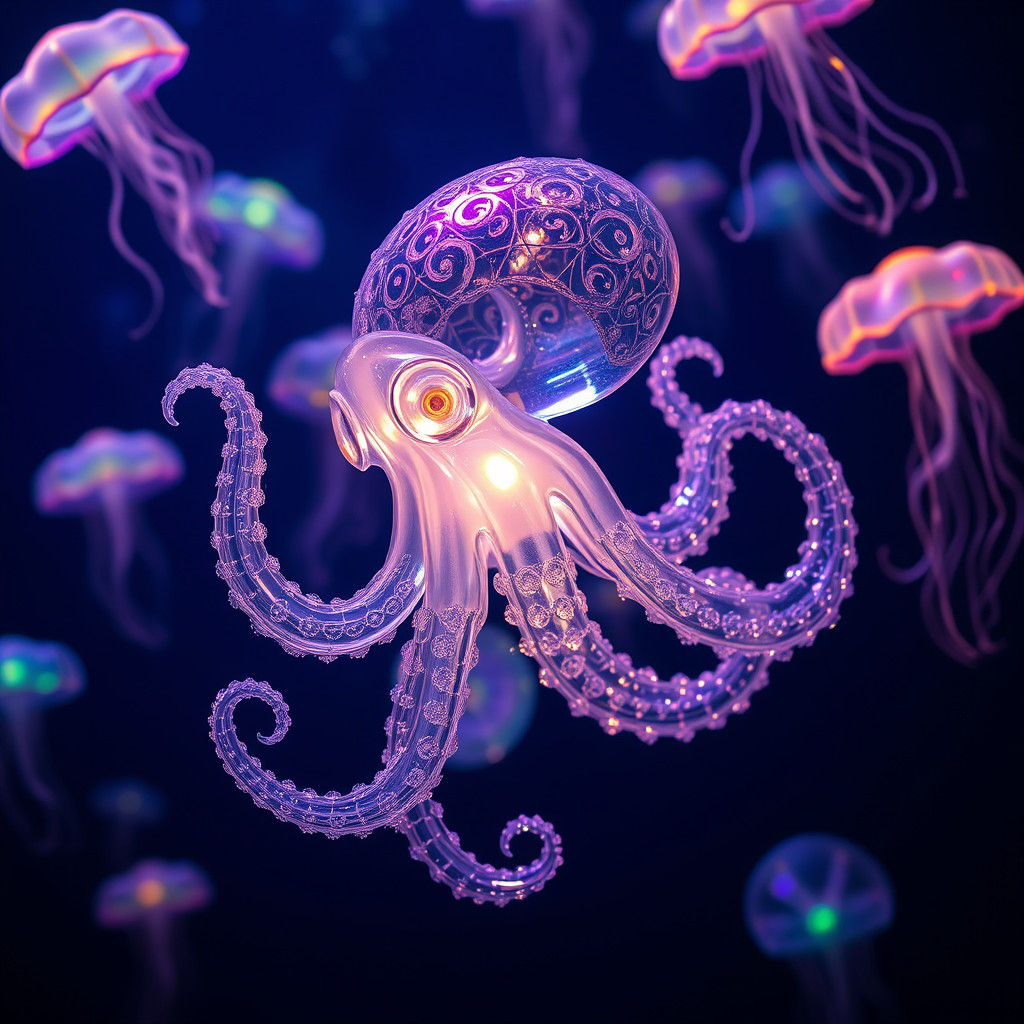 Luminous Glass Octopus in Bioluminescent Deep Sea