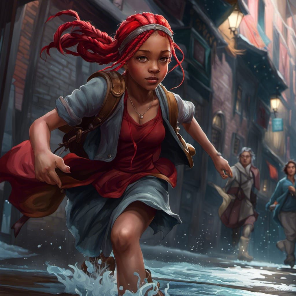 Girl with Red Braids Runs at Night: Watercolor Art