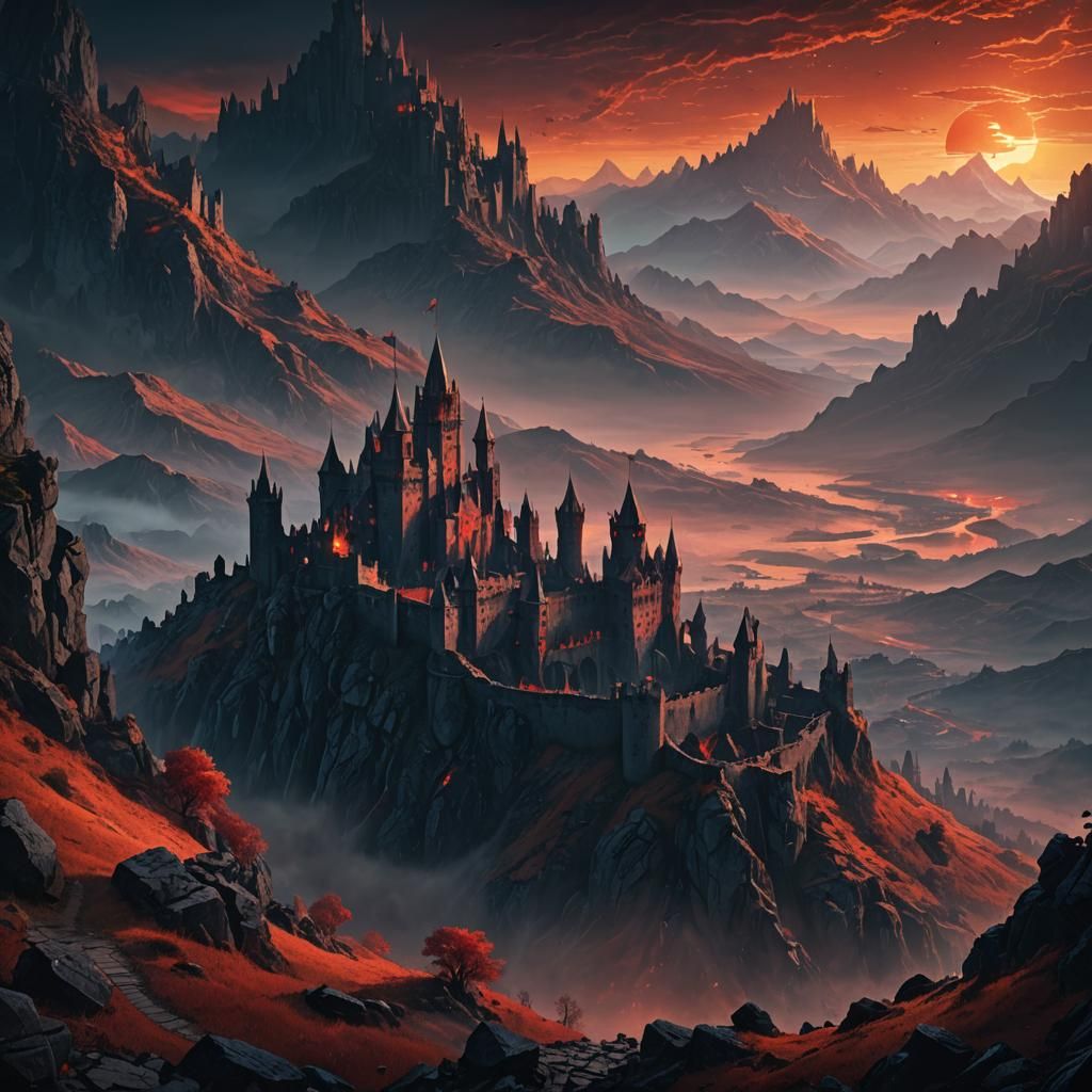 Dark Fantasy Castle Landscape with Red Sunset