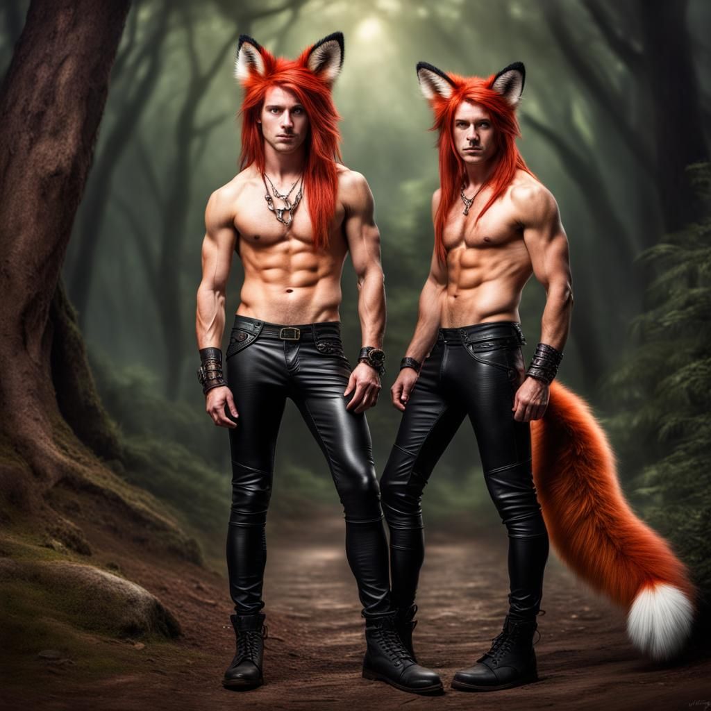 Fox Boy with Red Hair in Leather Pants