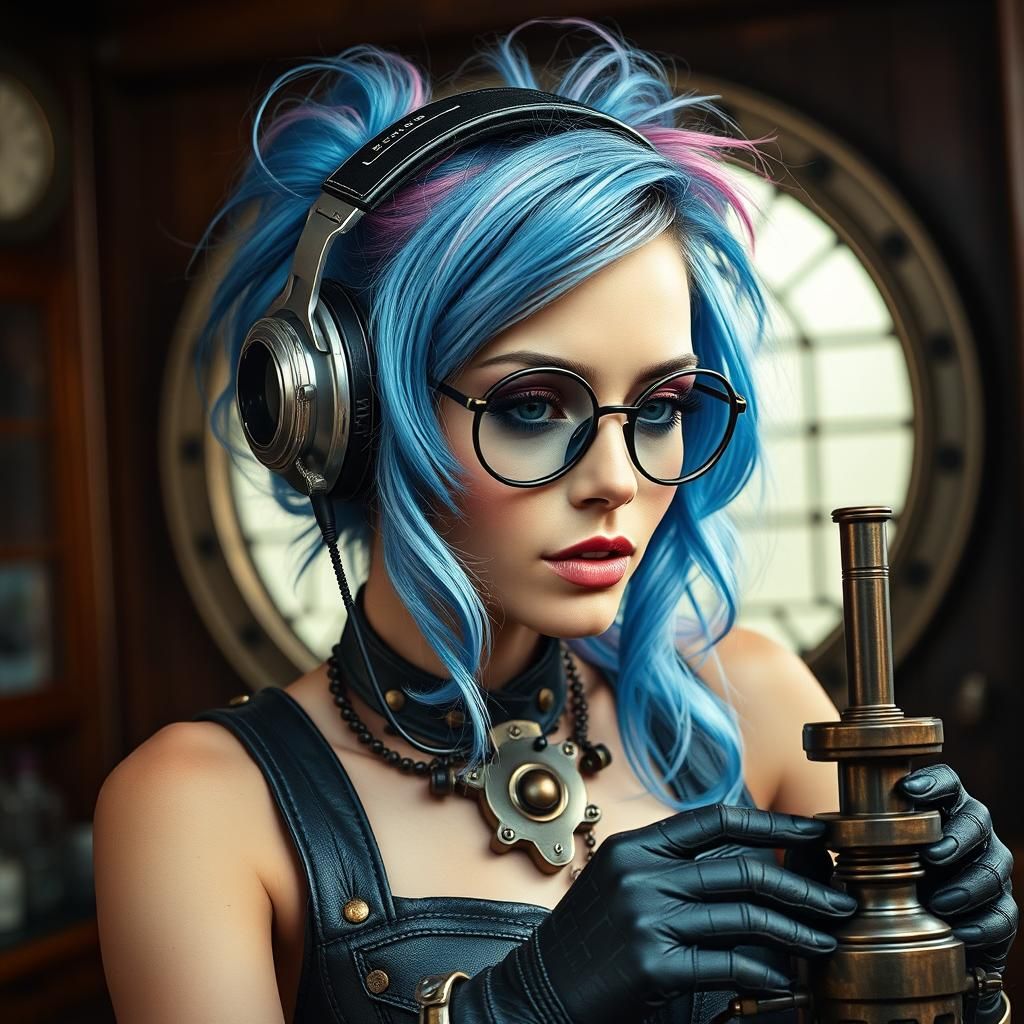 Steampunk DJ with Braided Blue and Pink Hair