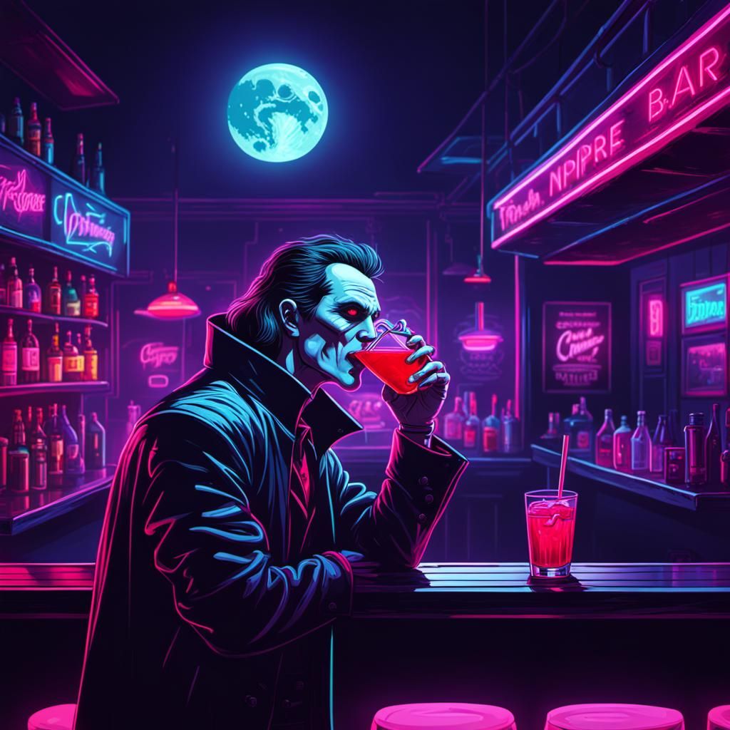 Vampire at Bar in Synthwave Neon Style