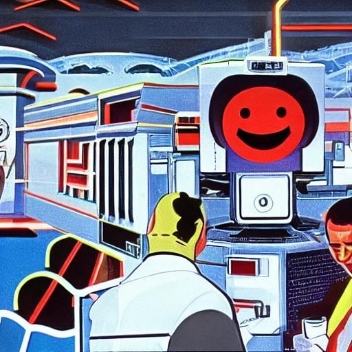 Retro Technicolor Scene with Laughing Robot